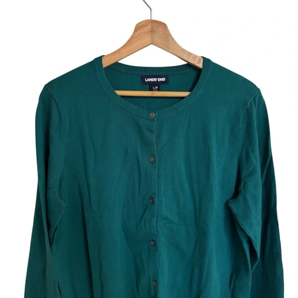 Lands’End dark green fine gauge cotton blend long sleeve button cardigan size LP - Picture 8 of 13